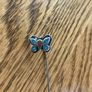2 3/4”stick pin. Turquoise and coral.